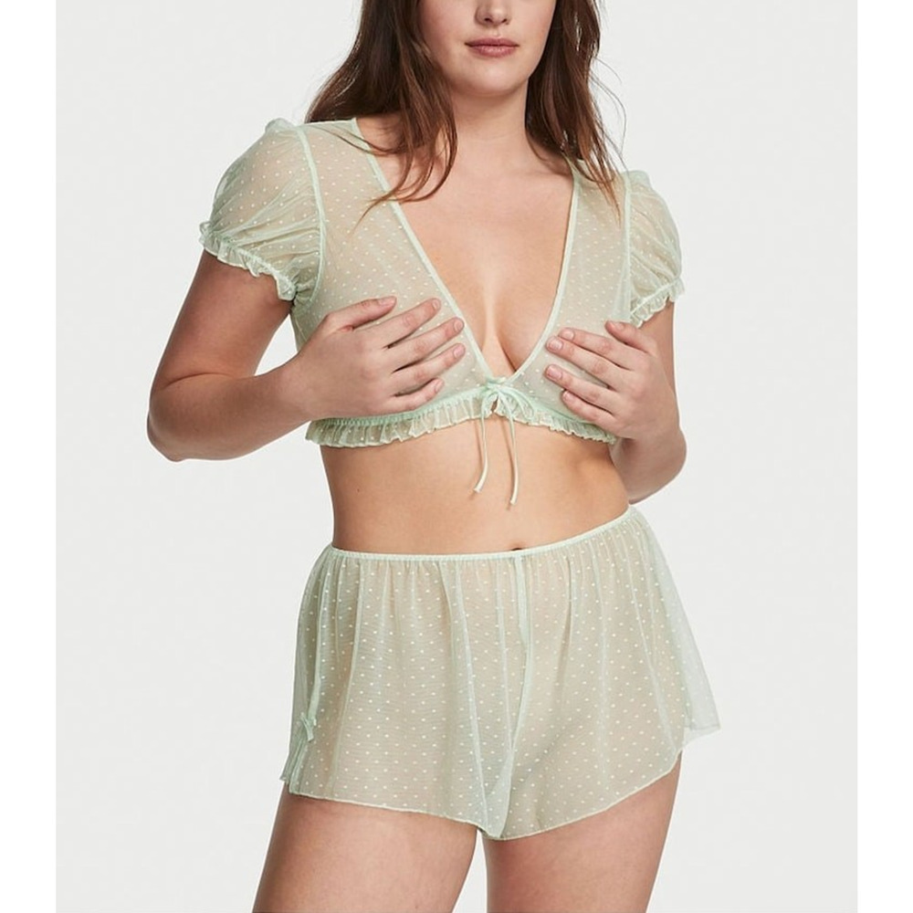 NWT VICTORIA'S SECRET Sheer Swiss Dot Crop Top Shorts Set Large Green Fairy